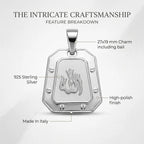 Feature diagram of an Italian 925 silver Allah pendant showing its 27 by 19 mm dimensions, polished frame and rhodium finish.