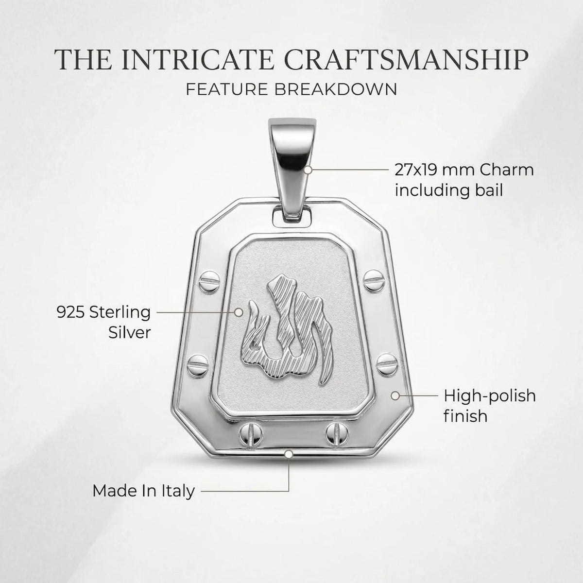 Feature diagram of an Italian 925 silver Allah pendant showing its 27 by 19 mm dimensions, polished frame and rhodium finish.