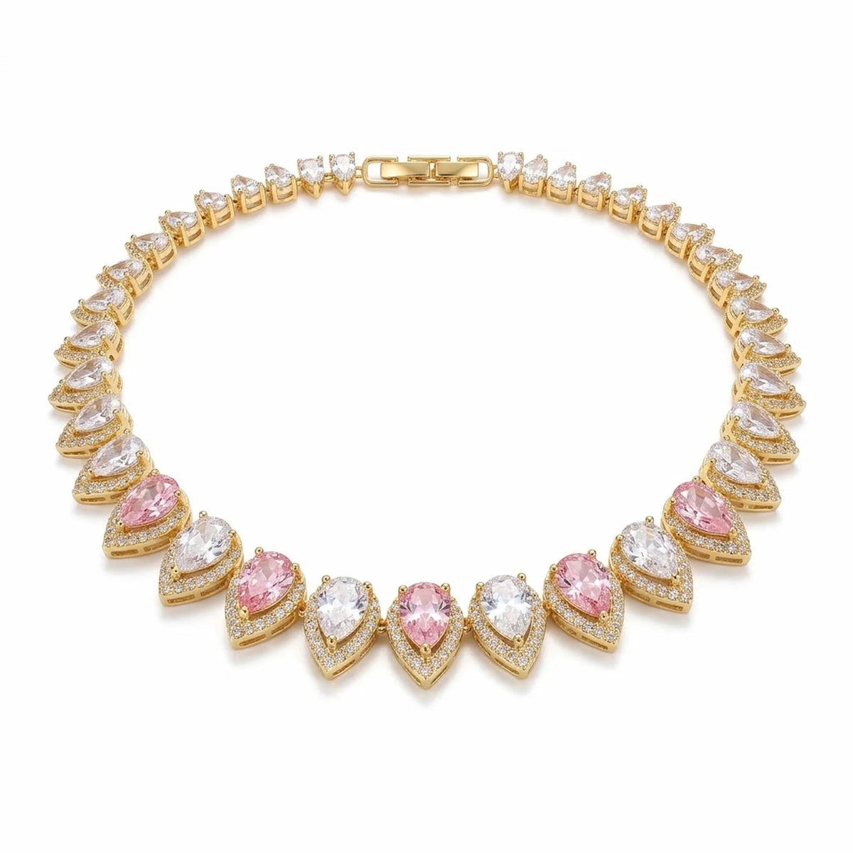 18k gold plated silver choker with alternating blush pink and white teardrop cubic zirconia in Dubai.