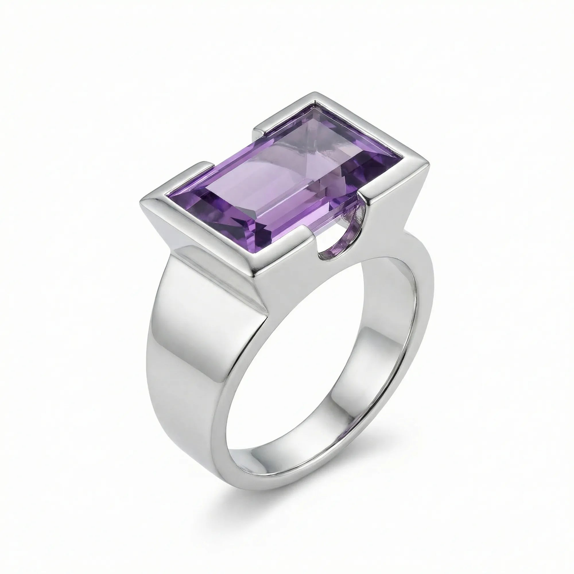 Natural amethyst cocktail ring in 925 sterling silver with open-profile half-bezel setting, 3/4 view on white background