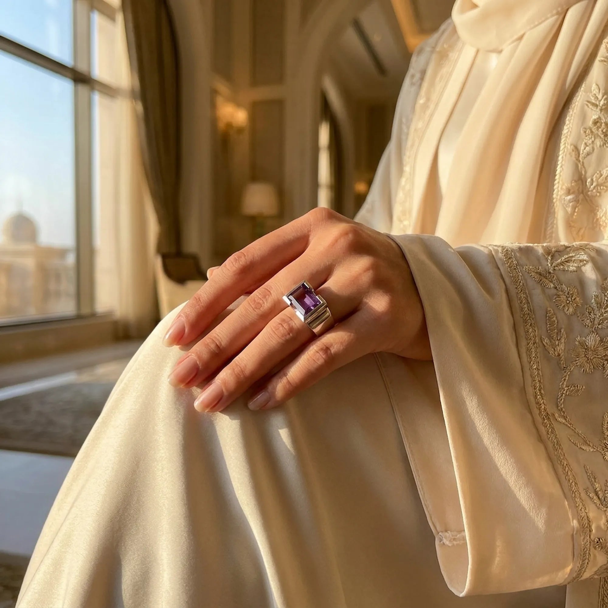 Hand wearing amethyst cocktail ring in embroidered abaya at Emirates Palace Abu Dhabi with golden palatial interior