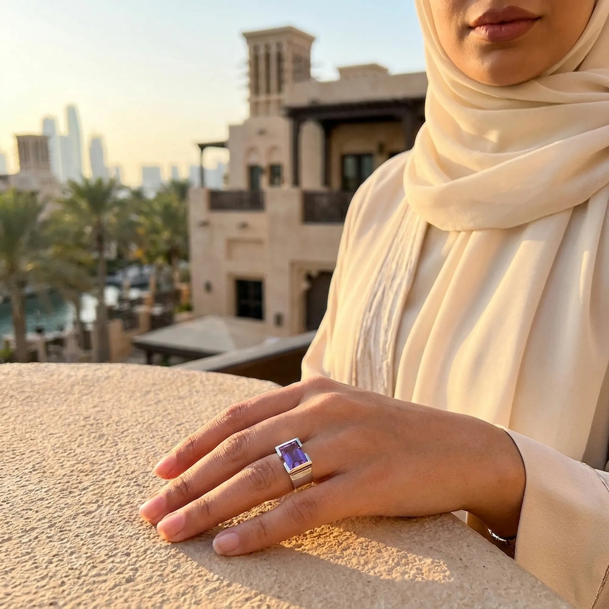 Woman in cream hijab wearing amethyst cocktail ring at Souk Madinat Jumeirah Dubai with wind towers at golden hour