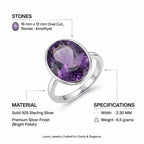 Infographic detailing the 16 by 12 millimeter oval amethyst stone, 2.3 millimeter band width, and 6.5 gram weight.