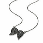 Angled view of the angel wing necklace showcasing the sleek black rhodium plating and sparkling black zircon pave setting.