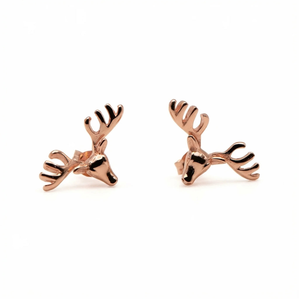 18K rose gold plated 925 sterling silver antler stud earrings with a stag crown motif in Dubai.