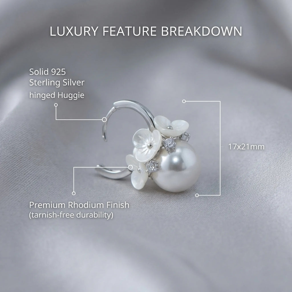 Technical guide for our artificial jewellery for marriage detailing the 925 silver, cubic zirconia, and pearl dimensions.