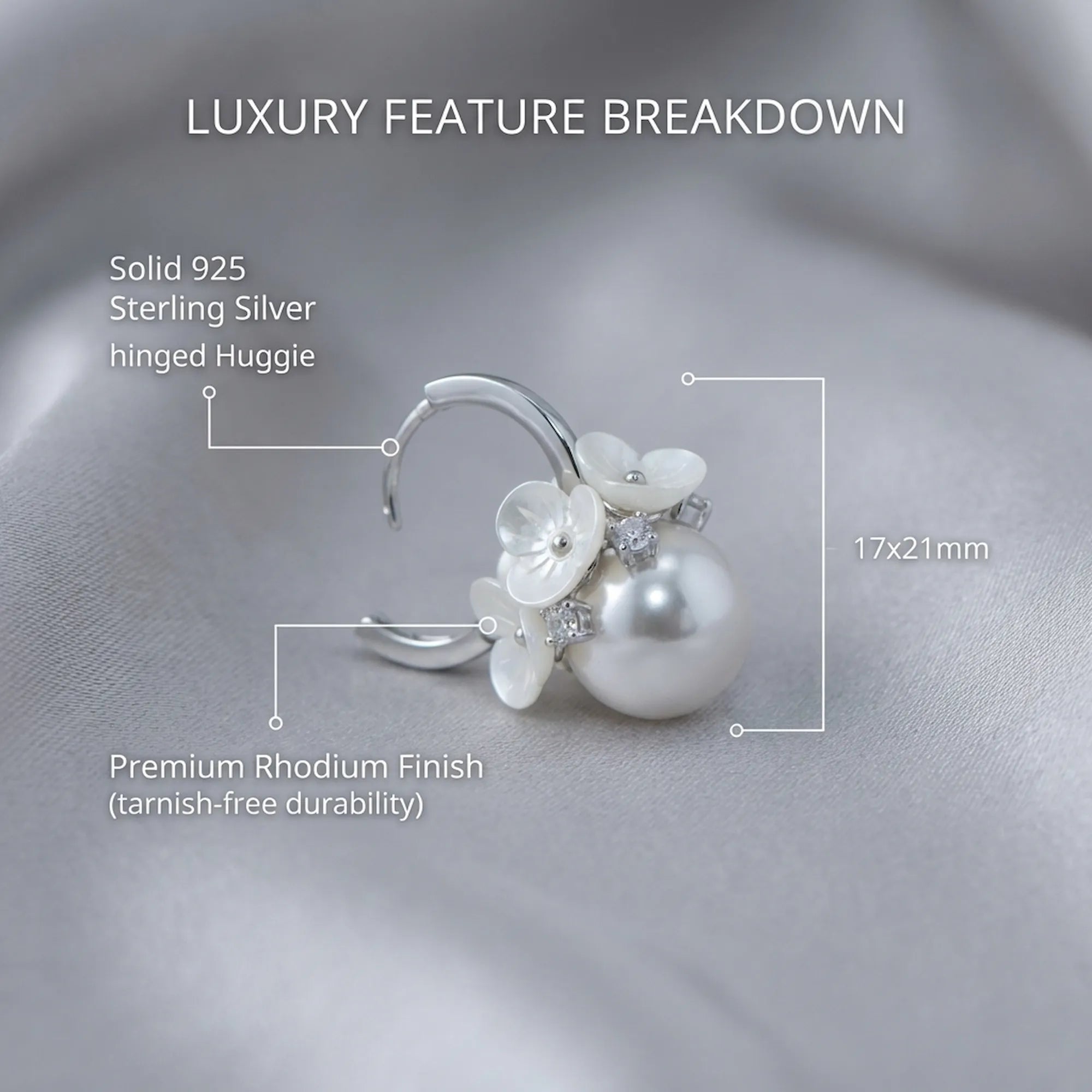 Technical guide for our artificial jewellery for marriage detailing the 925 silver, cubic zirconia, and pearl dimensions.