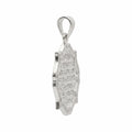Angled view of a 925 sterling silver Ayat Al Kursi shield pendant with framed calligraphy and polished raised edges
