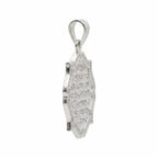 Angled view of a 925 sterling silver Ayat Al Kursi shield pendant with framed calligraphy and polished raised edges