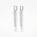 Baguette chain dangle earrings — pavé huggie hoop with five baguette CZ column and parallel cable chain, rhodium 925 silver on neutral background