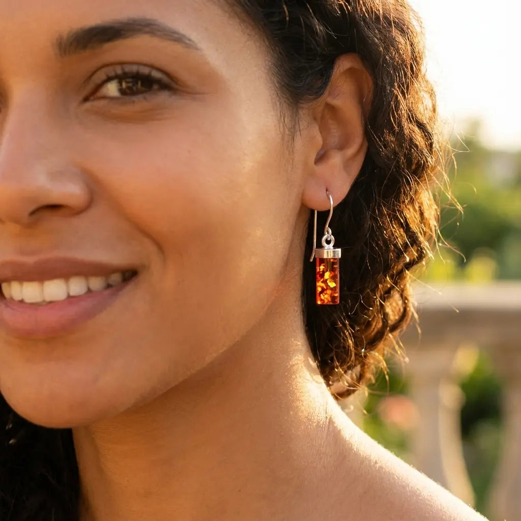 Lifestyle view of a model wearing luna Dura Baltic amber cylinder earrings, catching warm outdoor sunlight to show stone clarity