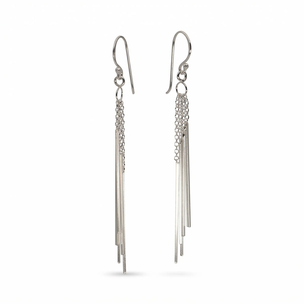 Sterling silver bar drop earrings with cascading slender bars and fine chains on a white background.