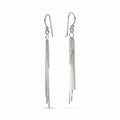 Sterling silver bar drop earrings with cascading slender bars and fine chains on a white background.