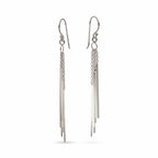 Sterling silver bar drop earrings with cascading slender bars and fine chains on a white background.