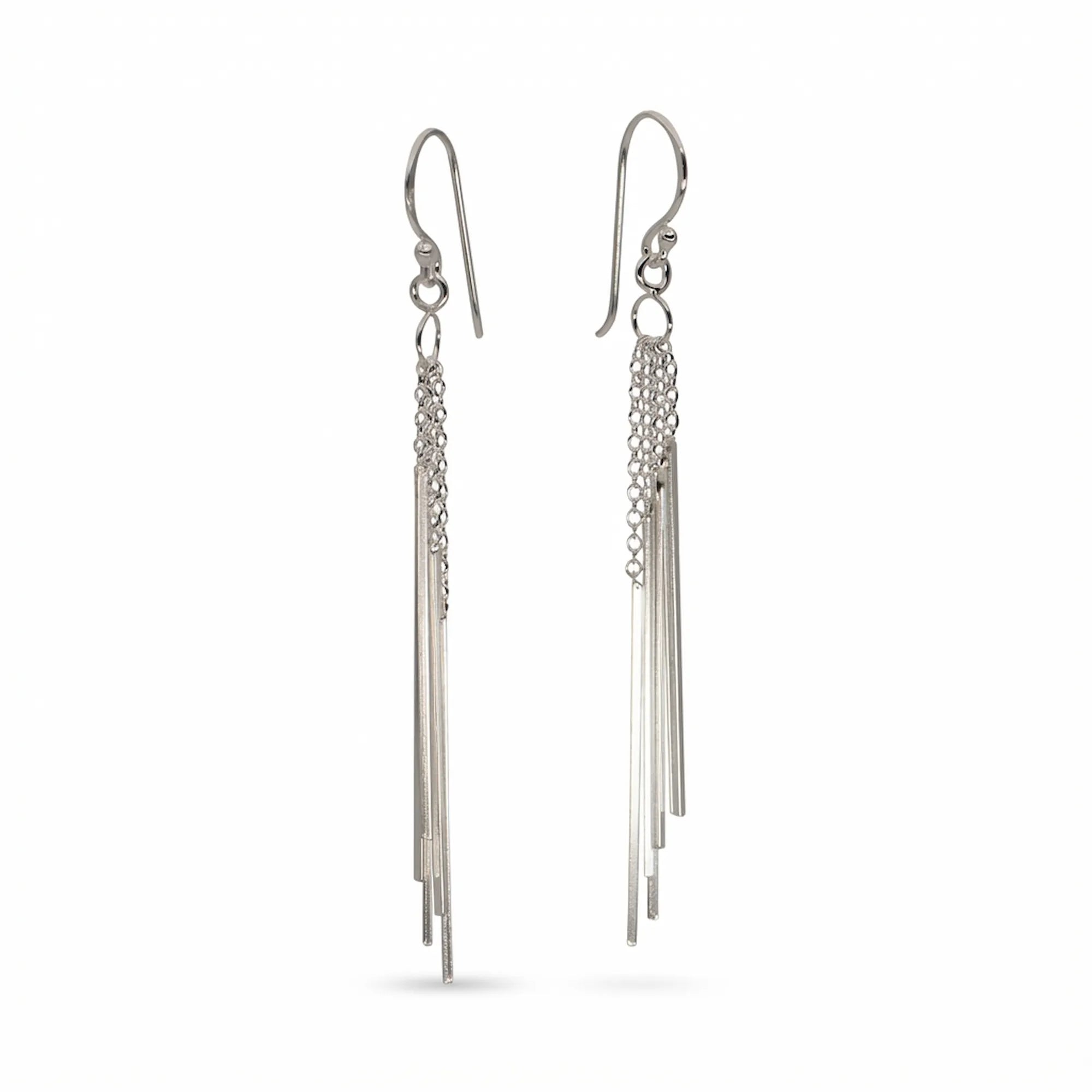 Sterling silver bar drop earrings with cascading slender bars and fine chains on a white background.