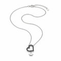 Rhodium-plated 925 sterling silver necklace with a black cubic zirconia open-heart pendant and dangling silver crown, showing the chain and clasp.