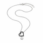 Rhodium-plated 925 sterling silver necklace with a black cubic zirconia open-heart pendant and dangling silver crown, showing the chain and clasp.