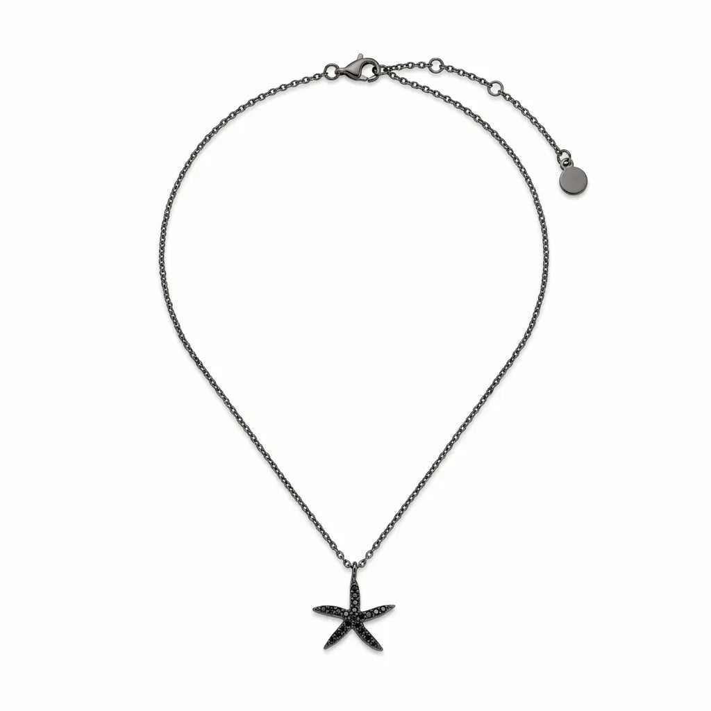 Black cubic zirconia starfish pendant necklace in black rhodium-plated 925 silver, showing its mini rolo chain, lobster clasp and extension links.