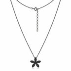 Five-petal black cubic zirconia flower necklace in black rhodium-plated 925 sterling silver, with fine chain and spring-ring clasp.