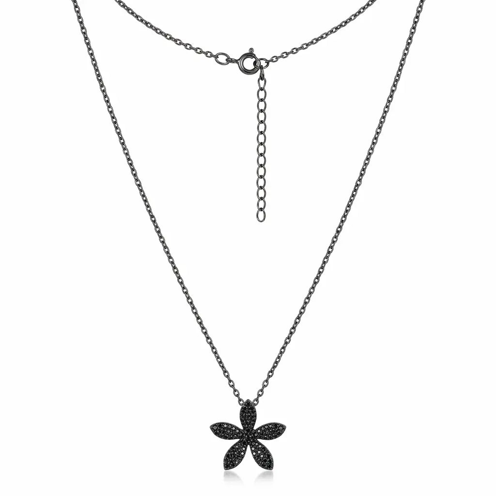 Five-petal black cubic zirconia flower necklace in black rhodium-plated 925 sterling silver, with fine chain and spring-ring clasp.