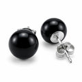 Pair of glossy black resin ball stud earrings with 925 sterling silver posts and butterfly backs, shown against white.