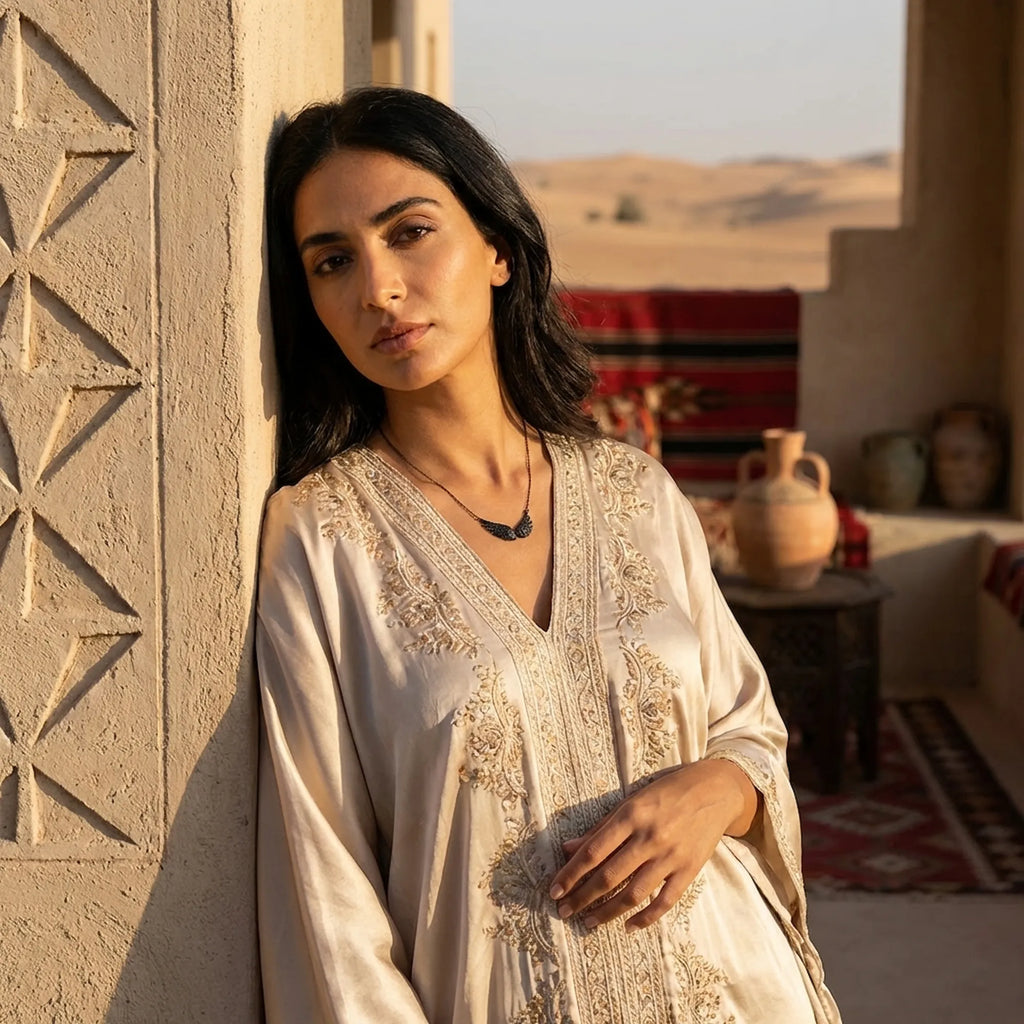 A woman in luxury MENA attire wearing the Black Zircon Wing Necklace against a desert architectural background.