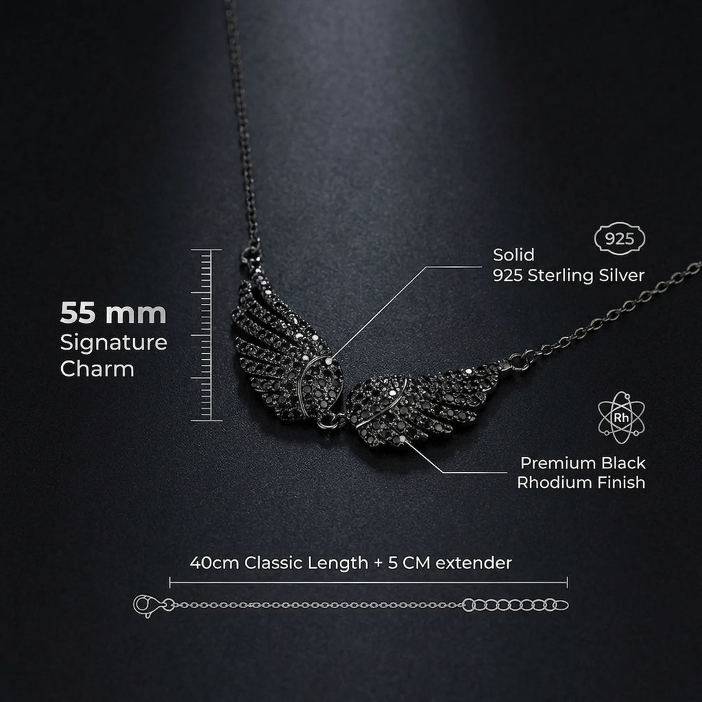 Infographic for the Black Zircon Wing Necklace detailing the 55mm charm size, 925 silver hallmark, and rhodium finish.