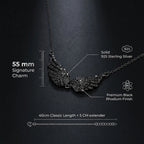 Infographic for the Black Zircon Wing Necklace detailing the 55mm charm size, 925 silver hallmark, and rhodium finish.