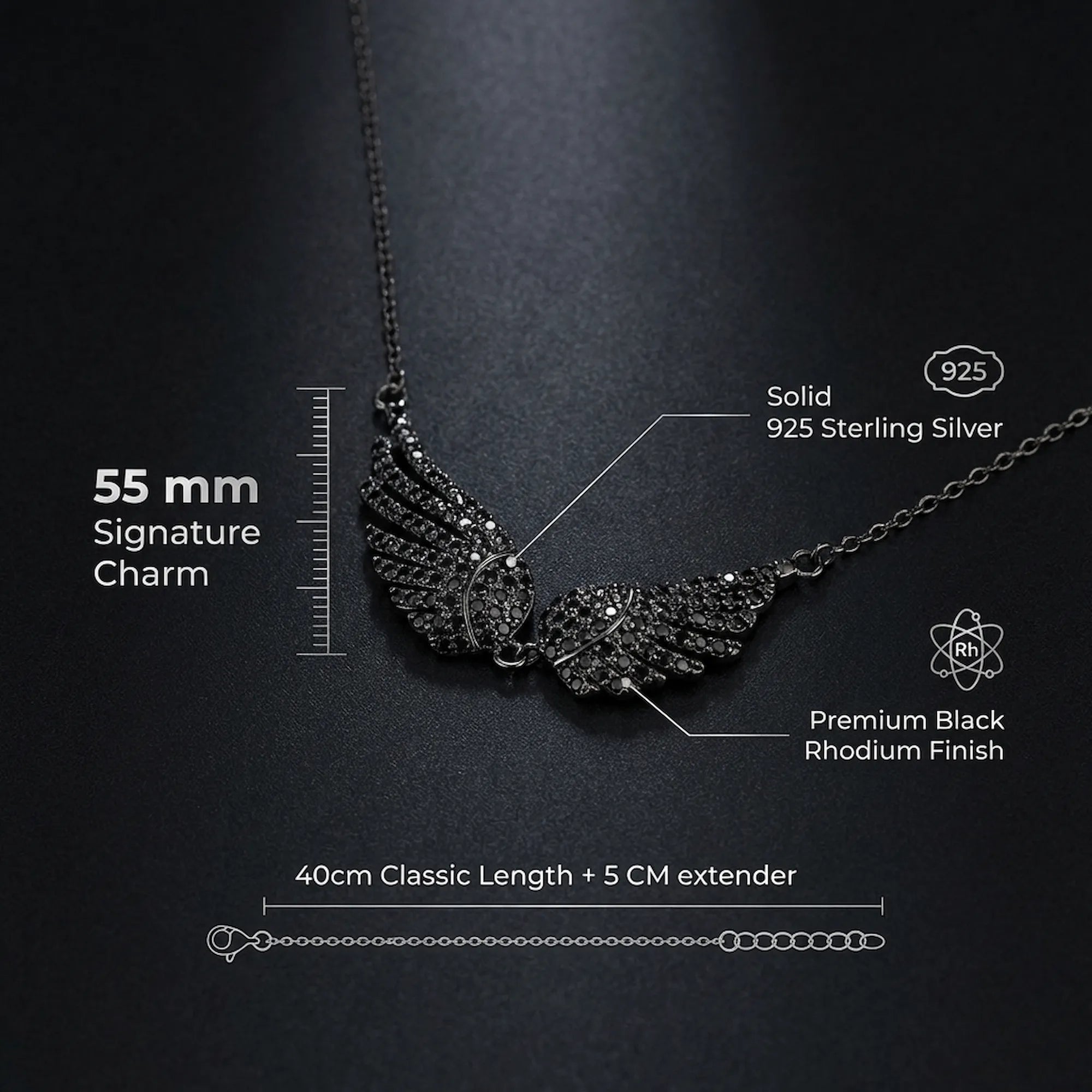 Infographic for the Black Zircon Wing Necklace detailing the 55mm charm size, 925 silver hallmark, and rhodium finish.