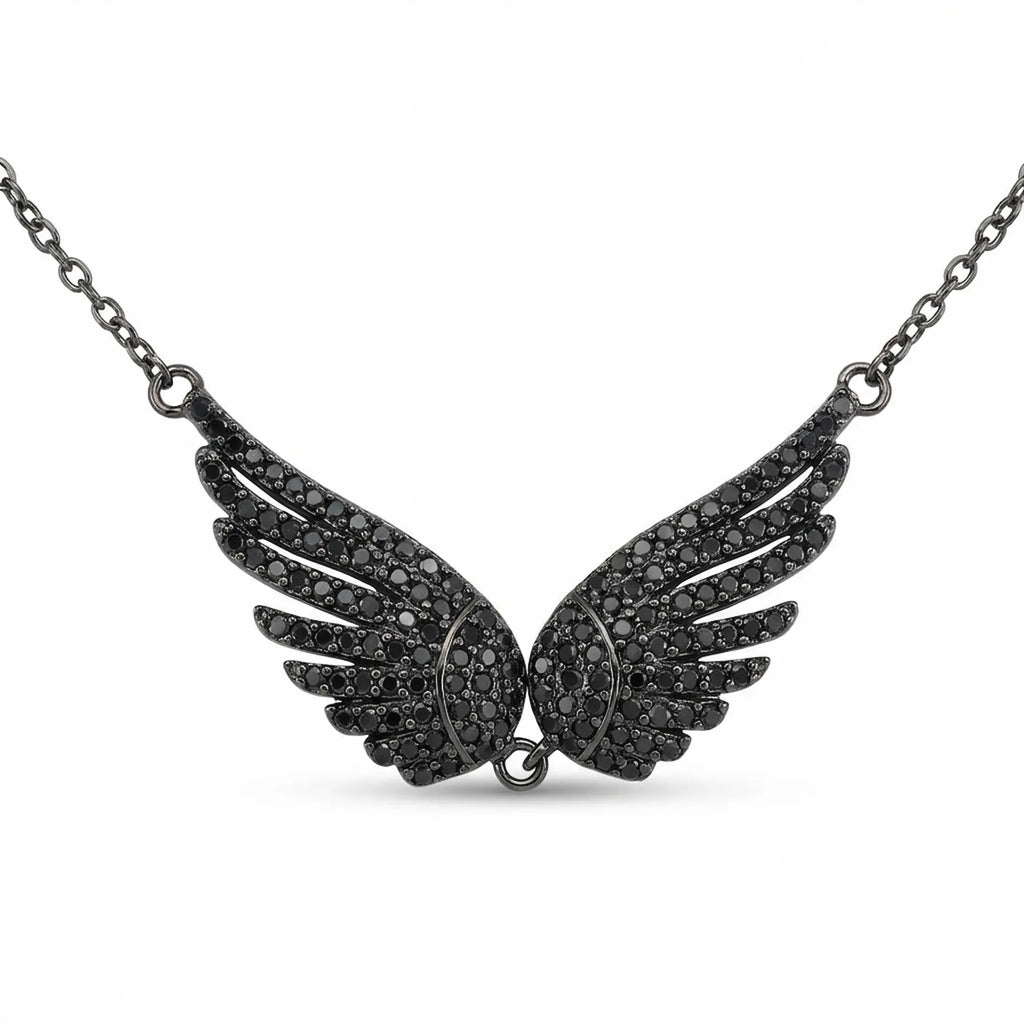 A front-view studio shot of a Black Zircon Wing Necklace in 925 sterling silver with black rhodium plating.
