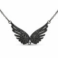 A front-view studio shot of a Black Zircon Wing Necklace in 925 sterling silver with black rhodium plating.