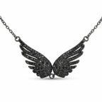 A front-view studio shot of a Black Zircon Wing Necklace in 925 sterling silver with black rhodium plating.