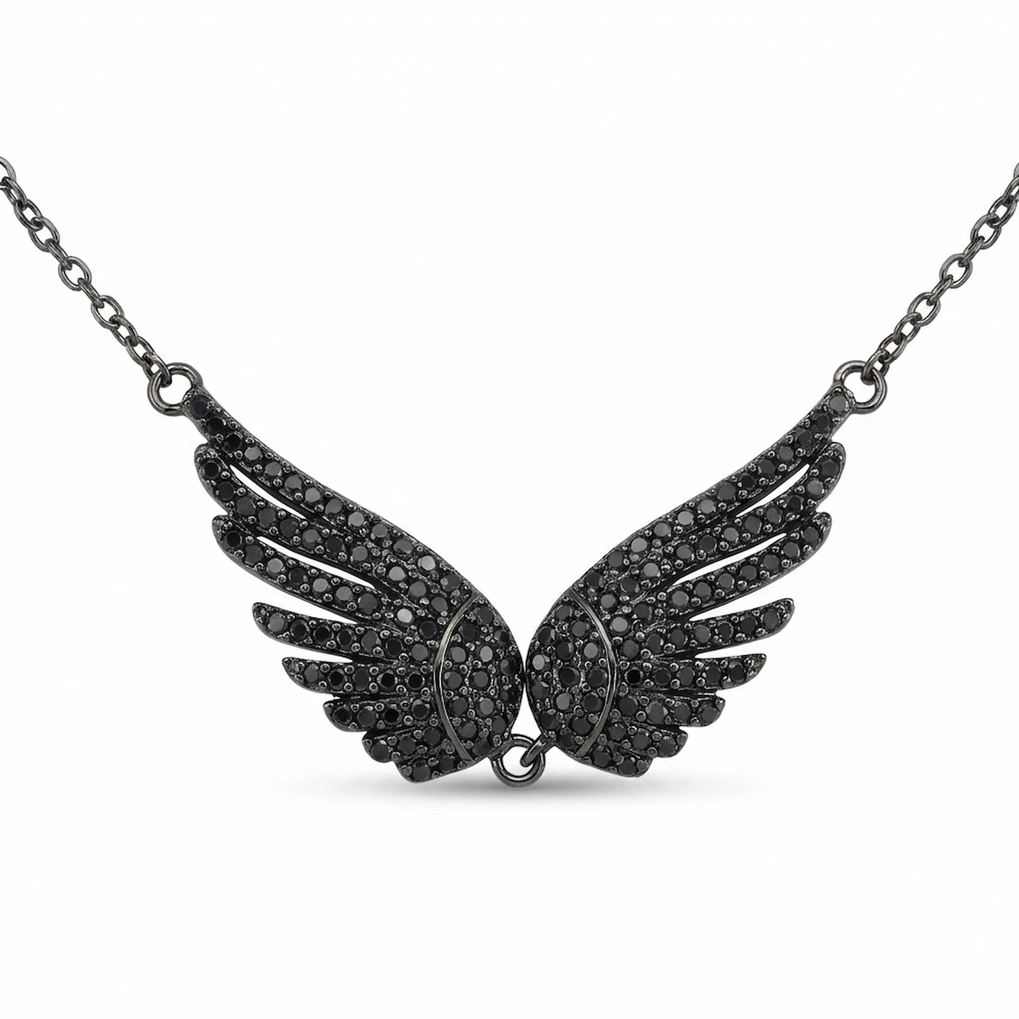 A front-view studio shot of a Black Zircon Wing Necklace in 925 sterling silver with black rhodium plating.
