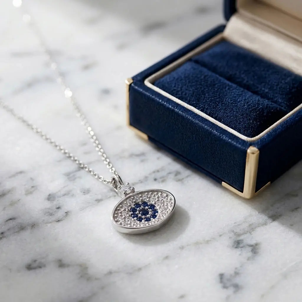 Blue and clear pavé cubic zirconia evil eye necklace in 925 silver beside a navy jewellery box in Dubai.