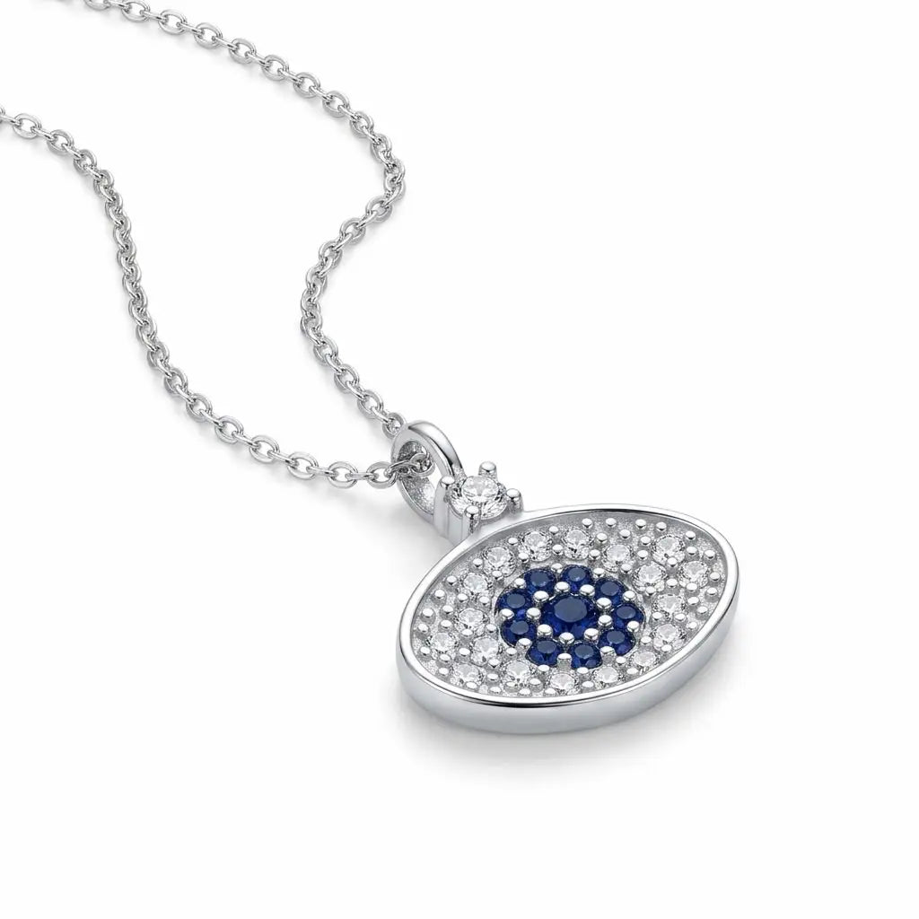 Oval concave blue evil eye pendant with clear and blue CZ on a fine 50 cm sterling silver rolo chain.