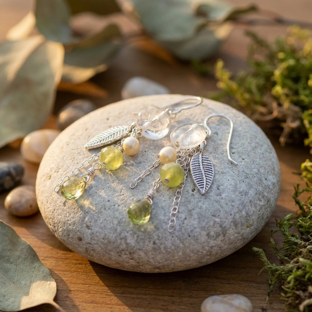 Close-up macro shot revealing the detailed texture of the 925 sterling silver and faceted lime green stones on our chain drop earrings.