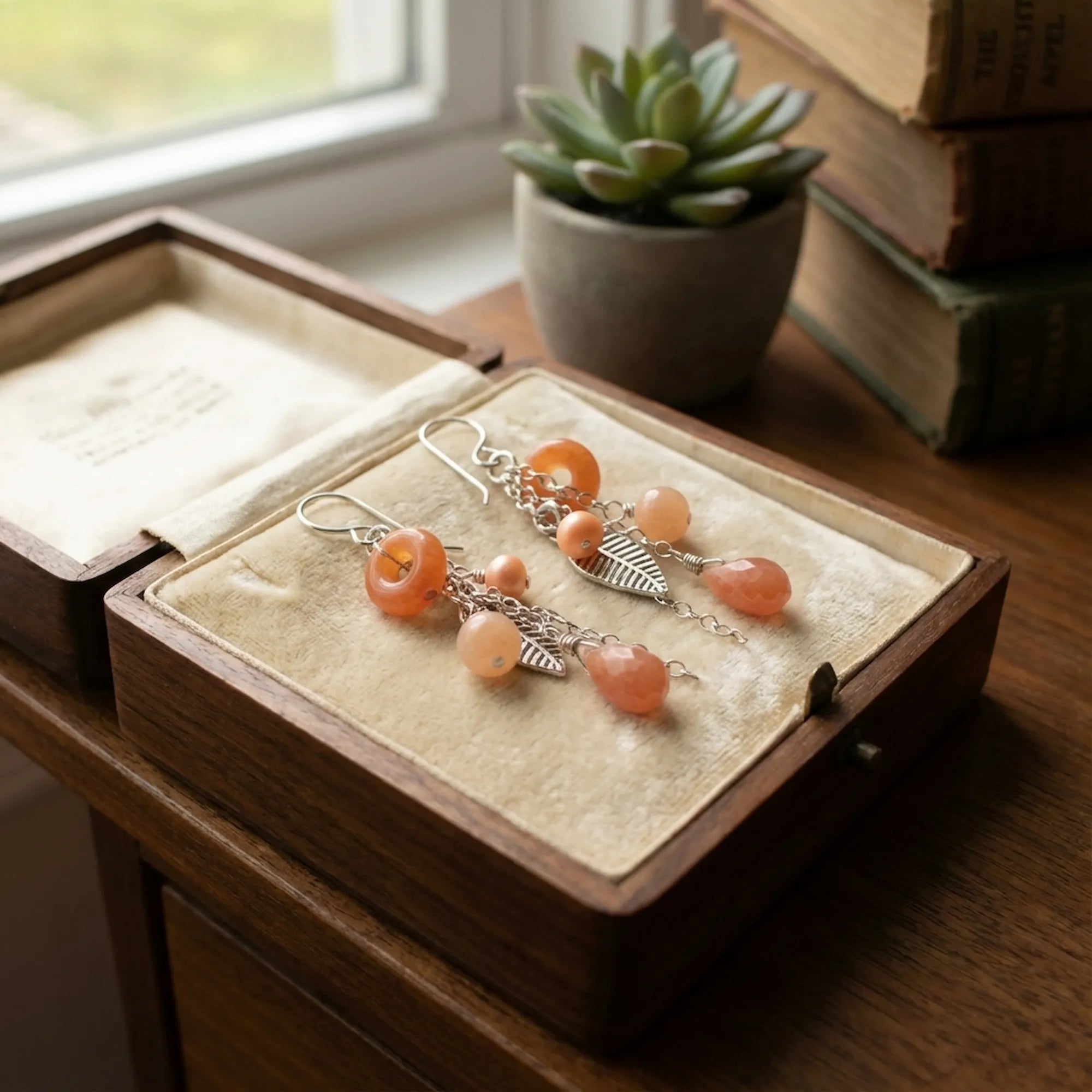 Close-up of our 925 sterling silver leaf chain drop earrings resting in a vintage box, highlighting the textured matte peach stones.