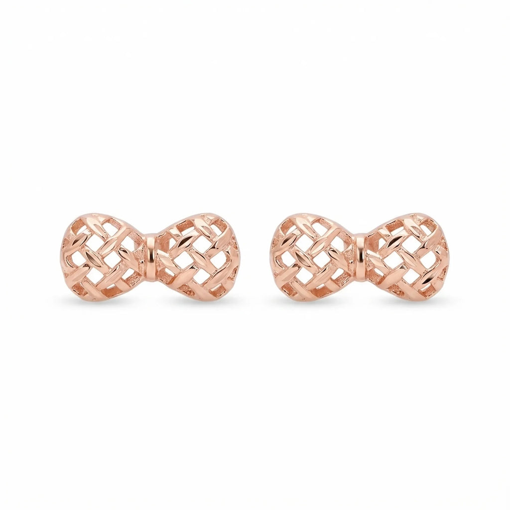 Woven bow stud earrings in rose gold on white background, 925 sterling silver, 7x12mm UAE
