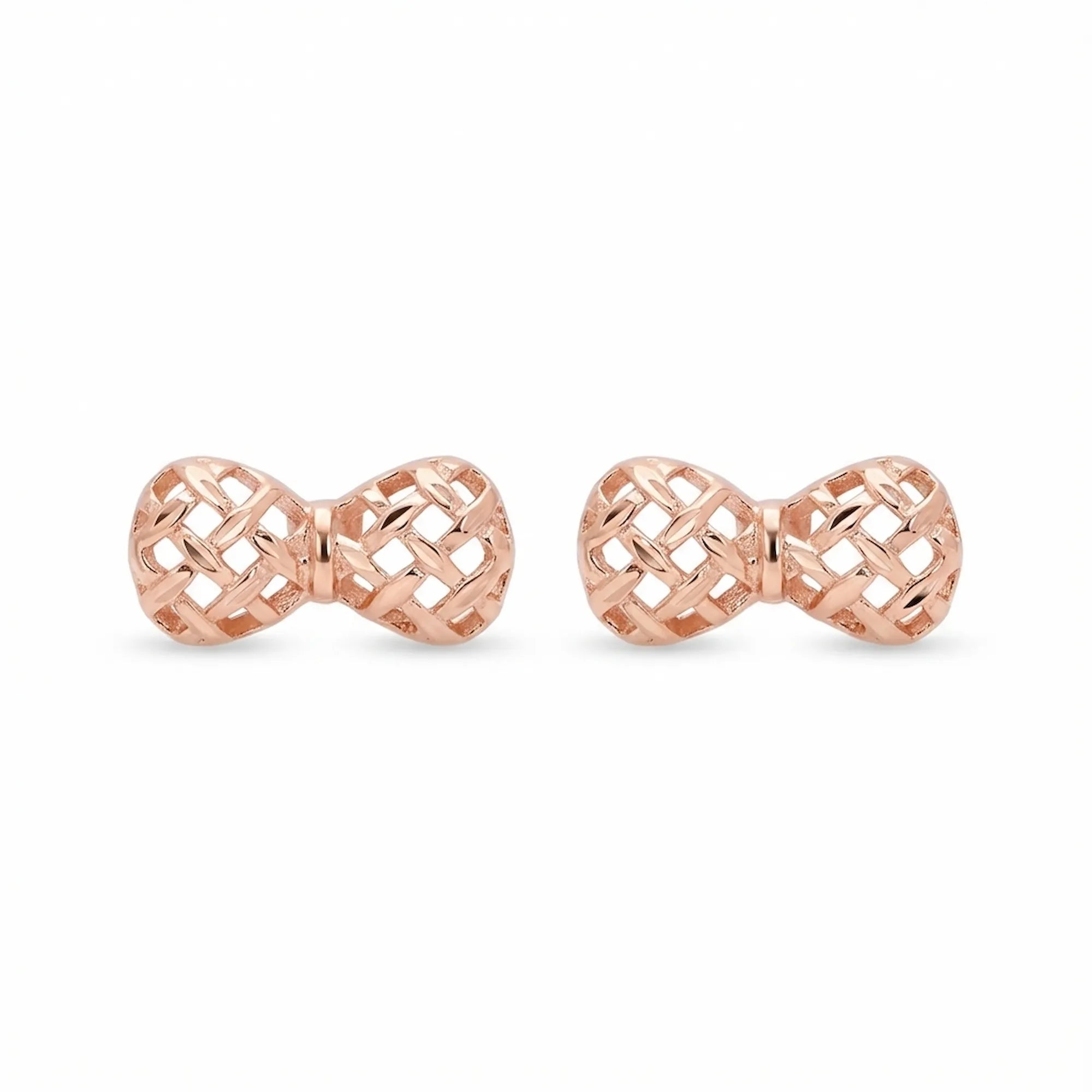 Woven bow stud earrings in rose gold on white background, 925 sterling silver, 7x12mm UAE