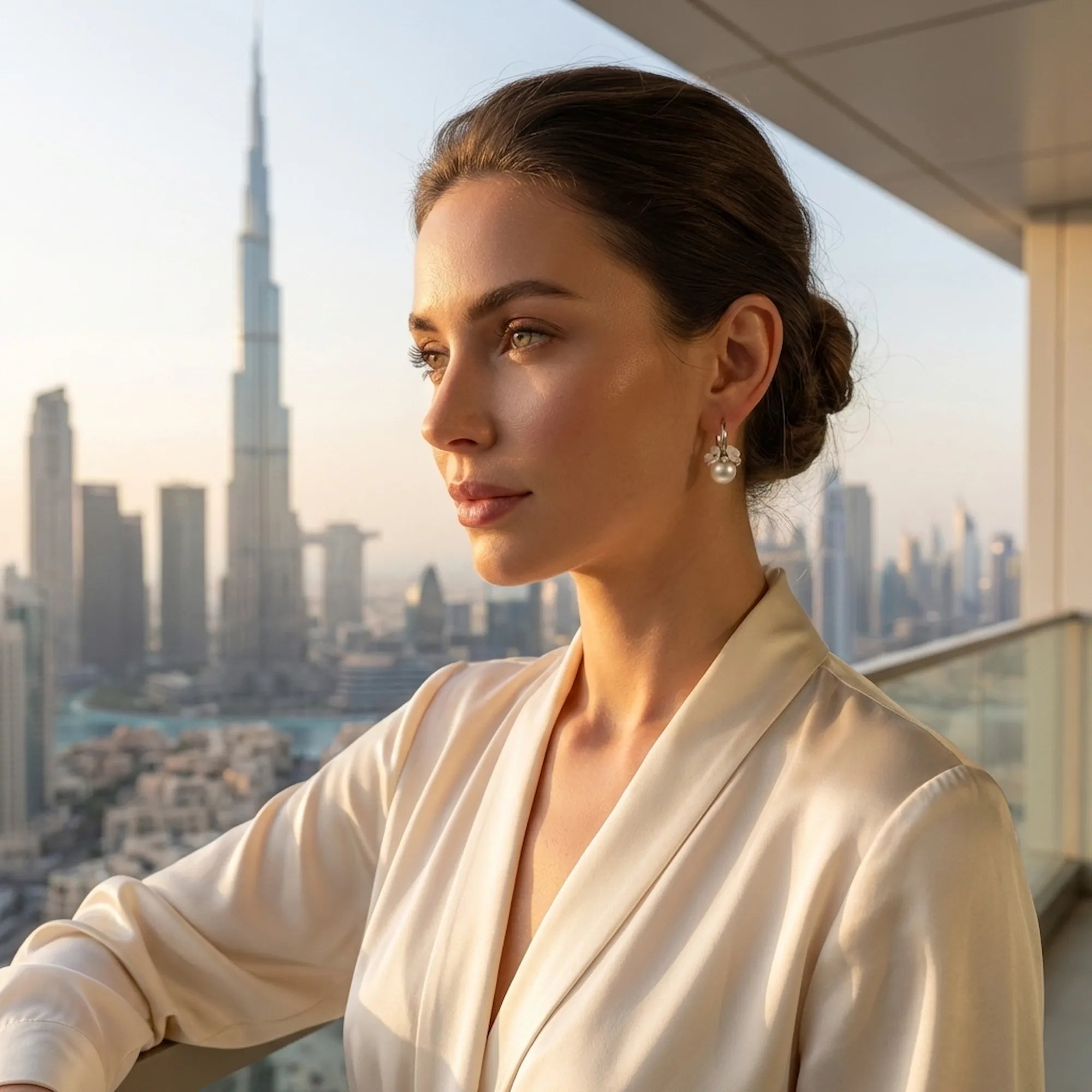 Discover top bridal jewellery online with these silver pearl and cubic zirconia earrings styled in sunny Dubai.