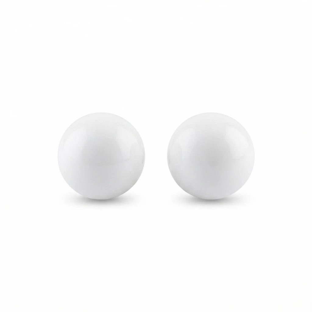 Pair of 10mm white sphere stud earrings in 925 sterling silver, front view on a white background.