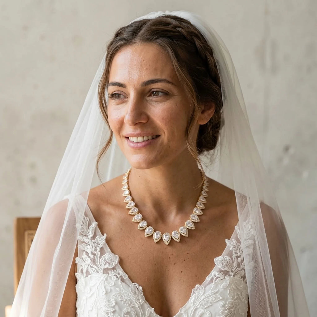 Bride wearing an 18k gold-plated bridal choker featuring graduated pear-cut cubic zirconia in Dubai.
