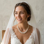Bride wearing an 18k gold-plated bridal choker featuring graduated pear-cut cubic zirconia in Dubai.