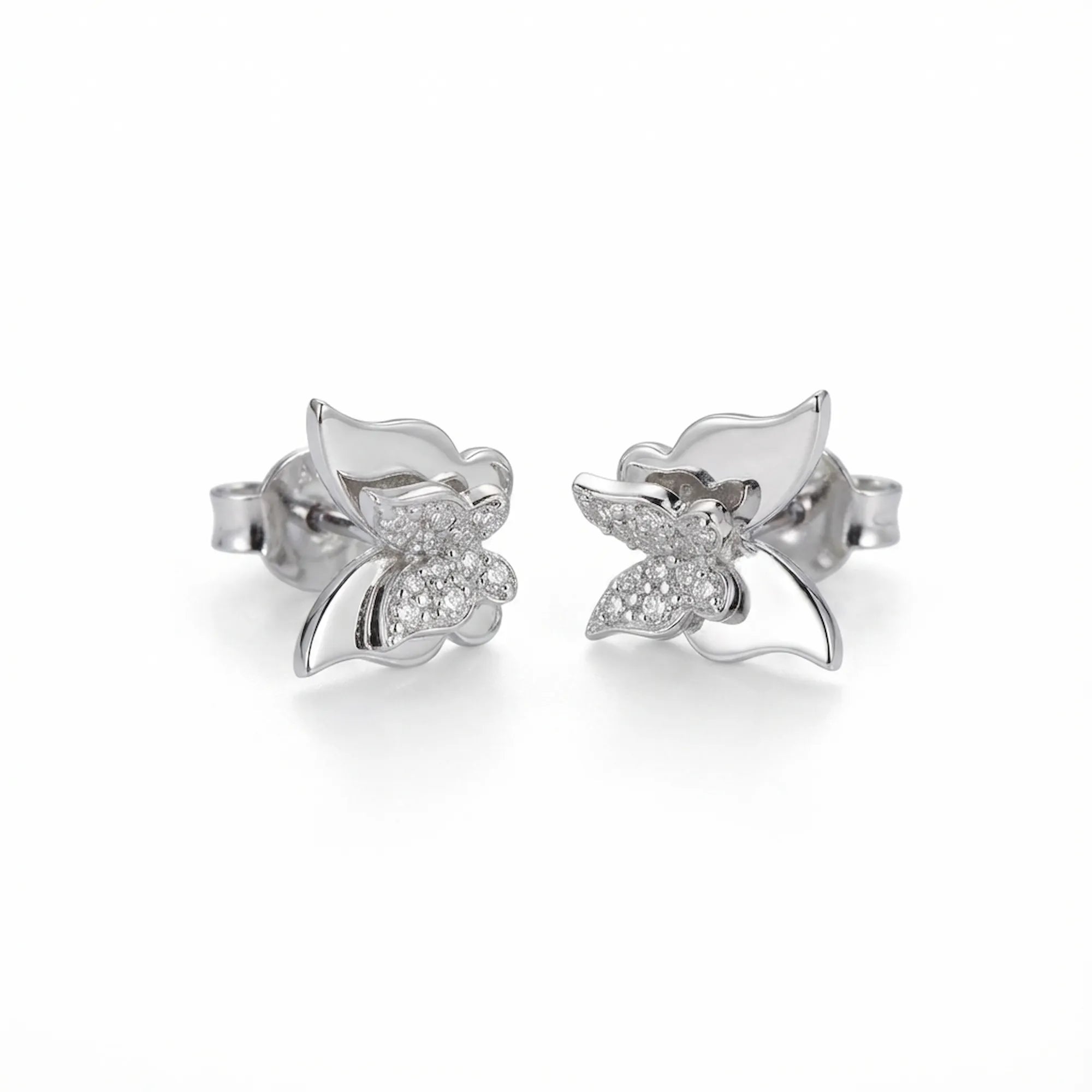 Butterfly stud earrings, cubic zirconia pave inner butterfly with polished silver frame, rhodium 925, Dubai