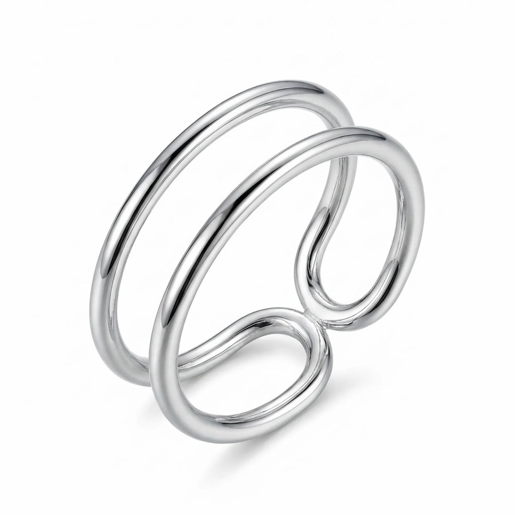 Minimal double-band 925 silver ear cuff on white background no piercing, high polish, 10mm