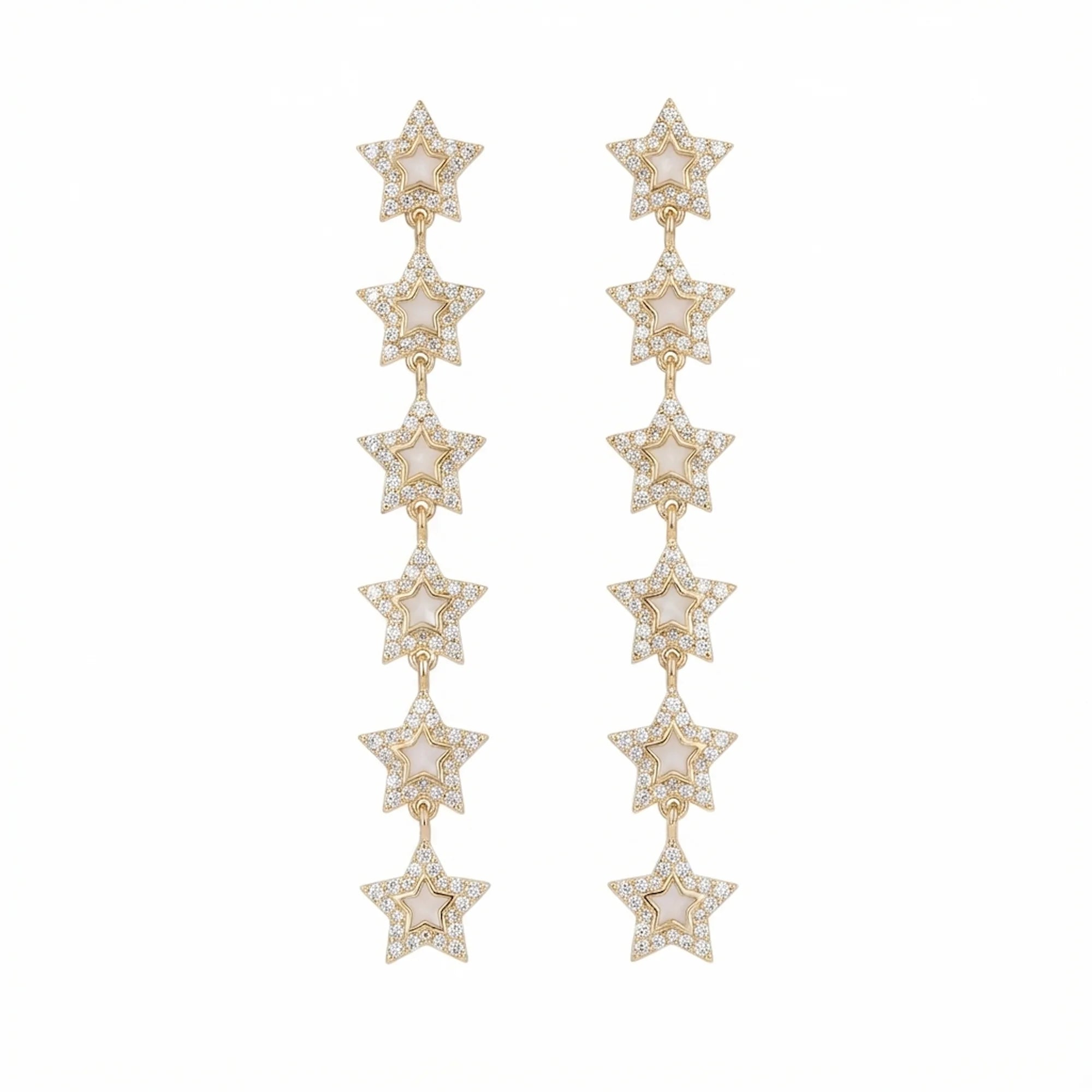 18K gold plated silver cascading star drop earrings with pavé cubic zirconia and enamel in Dubai.