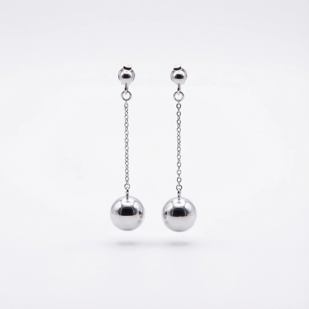 925 sterling silver chain drop earrings with 6mm polished spheres and spiral studs, available in Dubai.