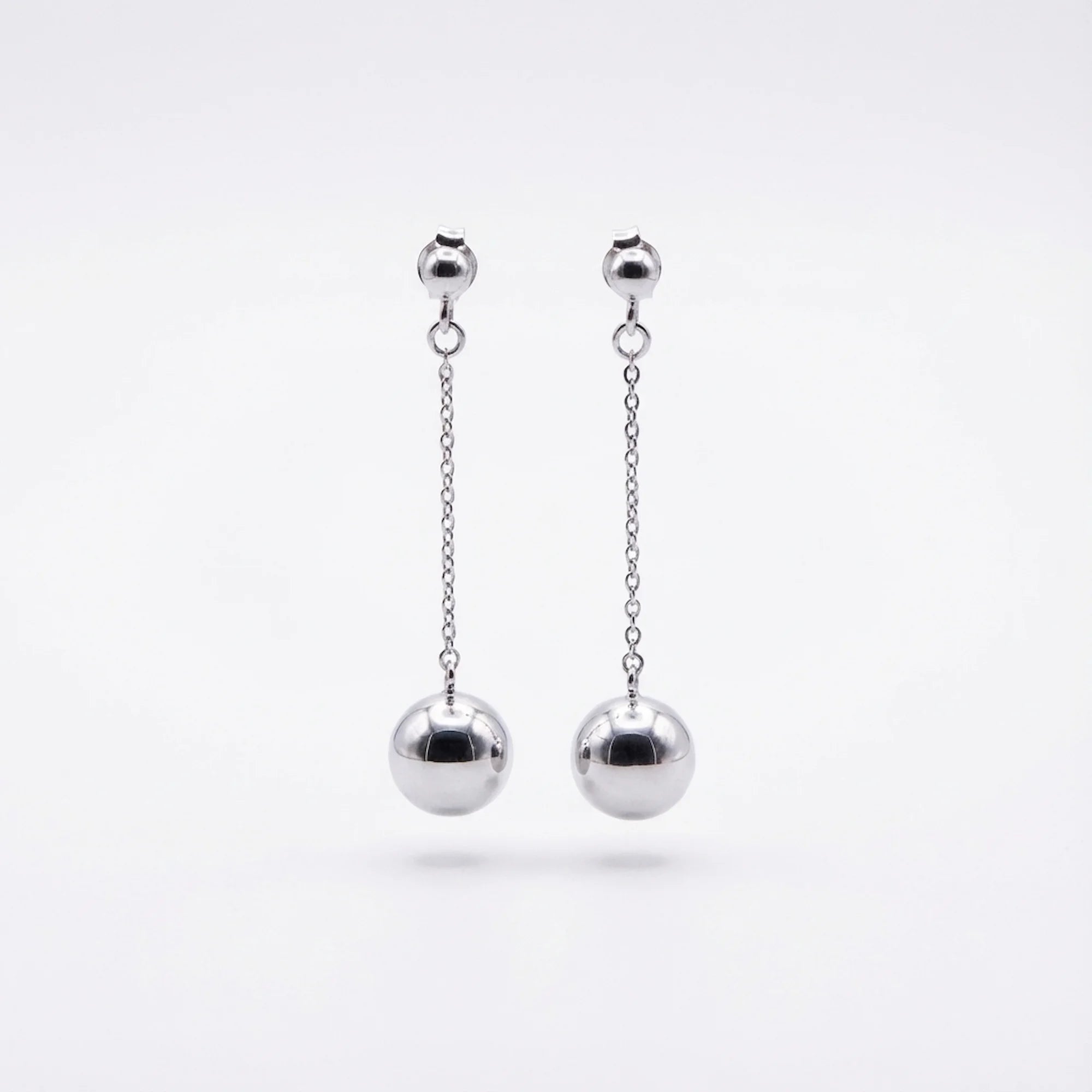 925 sterling silver chain drop earrings with 6mm polished spheres and spiral studs, available in Dubai.