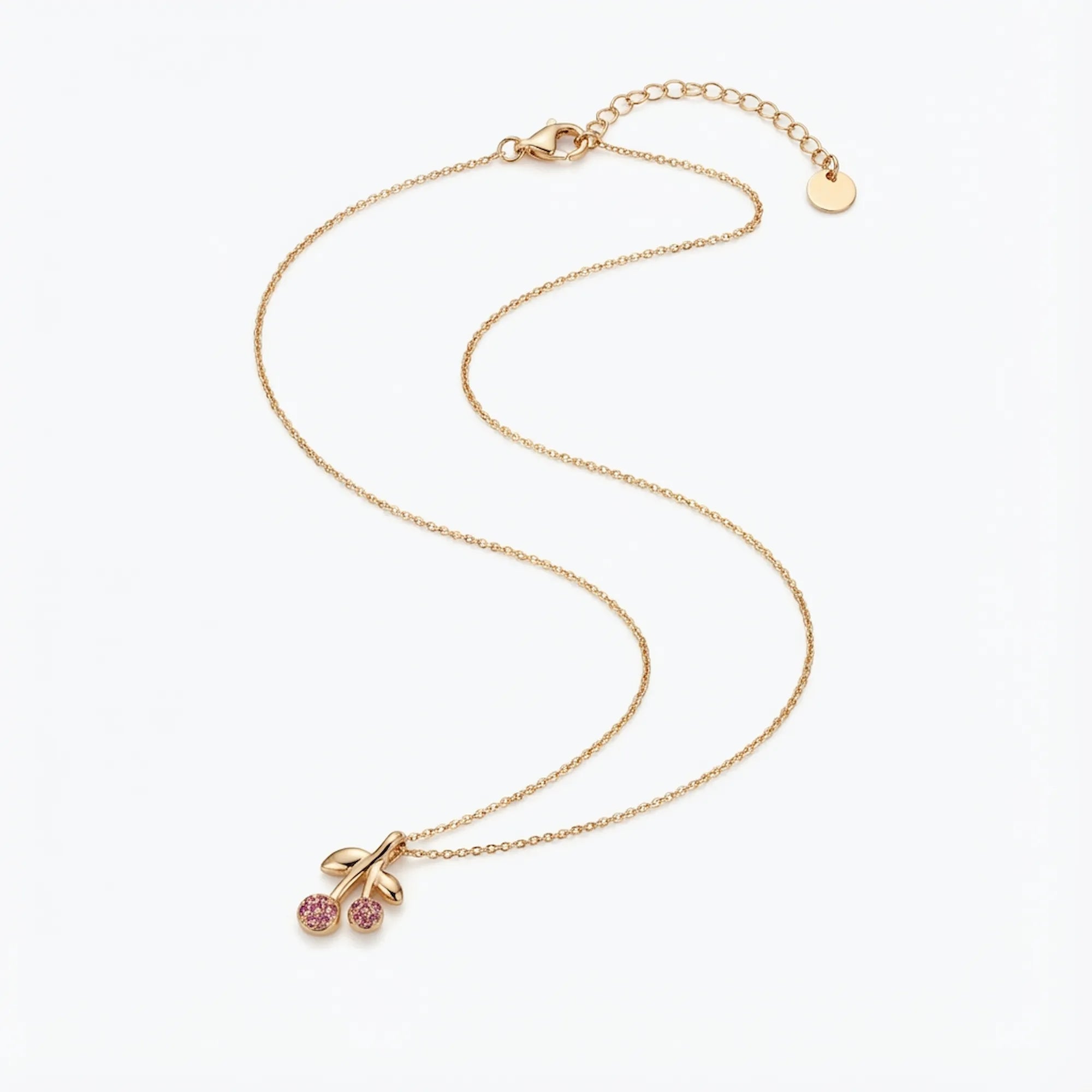 Double cherry pendant necklace with pavé rose crystals on white background — 18K gold plated 925 sterling silver