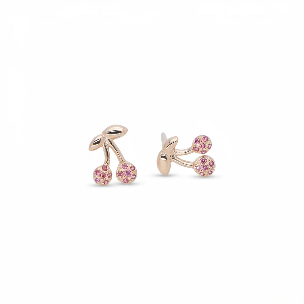 Double cherry stud earrings with pavé rose crystals on white background — 18K gold, 925 silver, front and back view